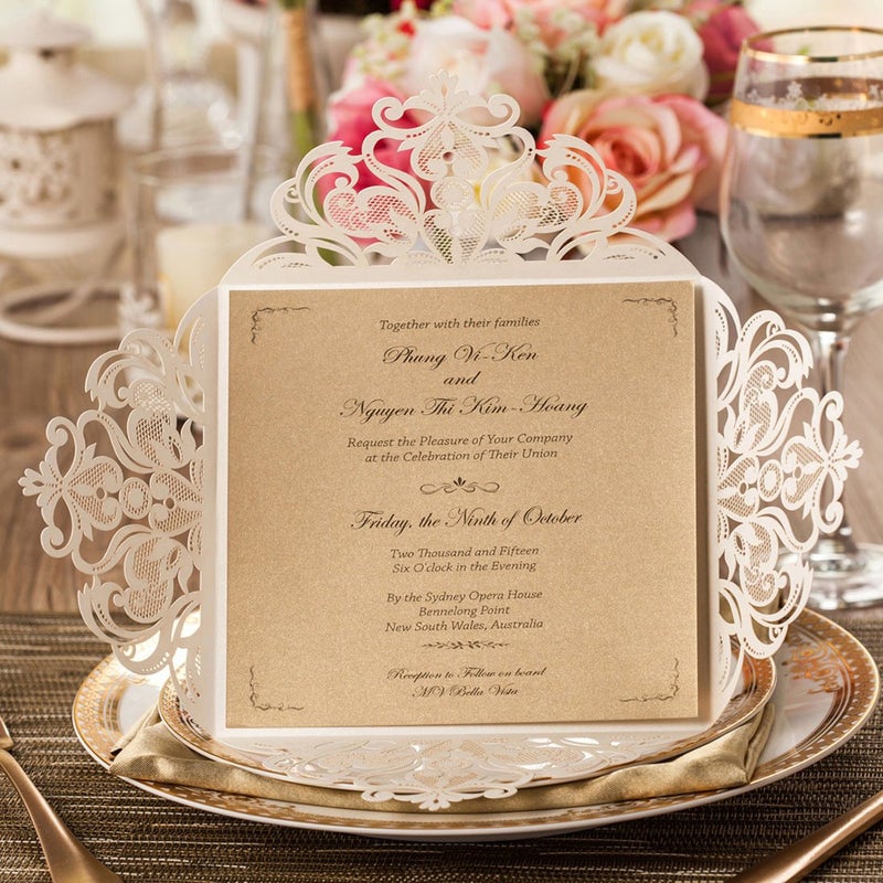 Hosmsua 50PCS Ivory Laser Cut Wedding Invitation Cards with Envelopes 6.3 x 6.3 Inch Hollow Rose Invitations for Wedding Bridal Shower Invite (Ivory, Blank) - Image 1